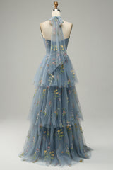 A Line Halter Floor Length Tulle Formal Dress with Embroidery Prom Dresses With Flowers