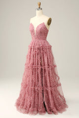 Dusty Rose A-Line Sweetheart Floor Length Tulle Prom Dress V-neck Sexy