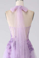 Purple A-Line Halter Neck Beaded Long Prom Dress V-neck With Slit