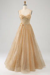 Glitter Golden A-Line Spaghetti Straps Corset Long Prom Dress with Flowers Sparkly