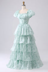 Light Blue Floral Print A-Line Off The Shoulder Tiered Prom Dress Floor Length Beautiful