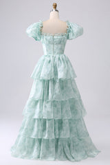 Light Blue Floral Print A-Line Off The Shoulder Tiered Prom Dress Floor Length Beautiful