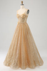 Glitter Golden A-Line Spaghetti Straps Corset Long Prom Dress with Flowers Sparkly