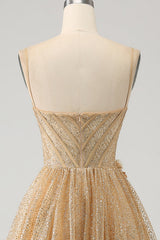 Glitter Golden A-Line Spaghetti Straps Corset Long Prom Dress with Flowers Sparkly