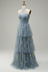 A Line Halter Floor Length Tulle Formal Dress with Embroidery Prom Dresses With Flowers