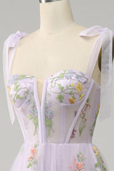 A Line Spaghetti Straps Corset Long Prom Dress With Embroidery Floor Length With Flowers