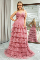 A-Line Spaghetti Straps Layered Tulle Prom Dress with Floral Printed Sexy