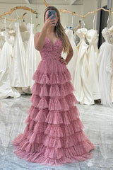 A-Line Spaghetti Straps Layered Tulle Prom Dress with Floral Printed Sexy