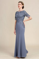 Grey Blue Mermaid Floor Length Chiffon Mother of Bride Dress With Appliques Beautiful