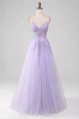 Light Purple A-Line Spaghetti Straps Long Prom Dress V-neck Floor Length