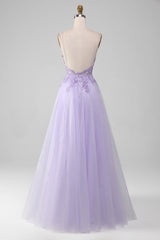 Light Purple A-Line Spaghetti Straps Long Prom Dress V-neck Floor Length