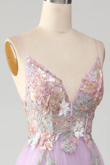 Glitter Lilac A-Line Spaghetti Straps Long Prom Dress with Flowers V-neck Sexy