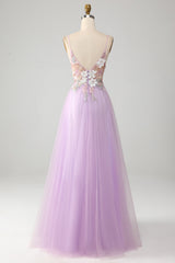 Glitter Lilac A-Line Spaghetti Straps Long Prom Dress with Flowers V-neck Sexy