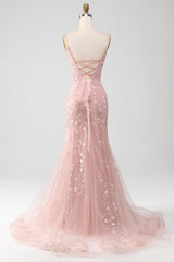 Blush Mermiad Spaghetti Straps Long Prom Dress with Appliques Light Blue With Flowers