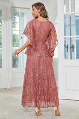 Elegant A Line Round Neck Floor Length Lace Dusty Rose Evening Dress Mother of the Bride Dresses