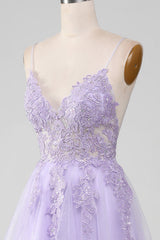 Light Purple A-Line Spaghetti Straps Long Prom Dress V-neck Floor Length