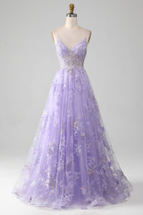 Light Purple A Line Spaghetti Straps Sparkly Prom Dress With Beading V-neck Floor Length