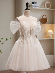 A-Line Off Shoulder Tulle Short Beige Prom Dress, Cute Homecoming Dress