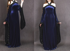 Vintage Dark Blue Halter Neck A-Line Velvet Long Formal Prom Dress Evening Dress, HZ0319
