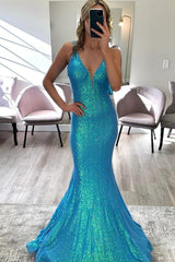 Blue Sparkly Mermaid V Neck Prom Dresses