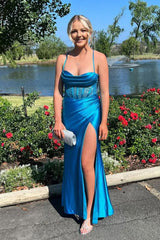 Jeni | Sage Scoop Neck Satin Mermaid Long Prom Dress with Slit