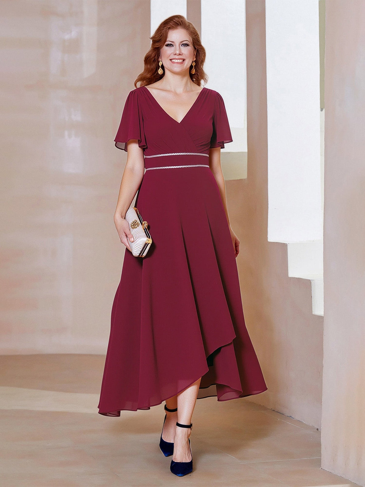 Asymmetrical Hem Cocktail Dress with Beaded Waist Detail Burgundy