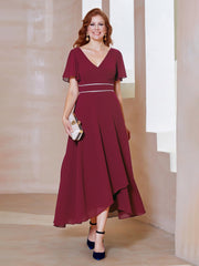 Asymmetrical Hem Cocktail Dress with Beaded Waist Detail Burgundy