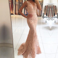 Sexy Nude Back Champagne Lace Mermaid Evening Dresses