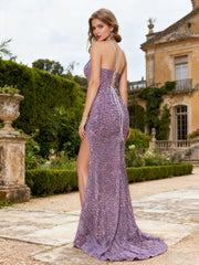 Halter Sequin Gown with Fringe Detail and High Slit Lilac