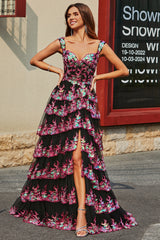 A-Line Off The Shoulder Sparkly Sequin Tiered Prom Dress Floor Length With Slit Sexy