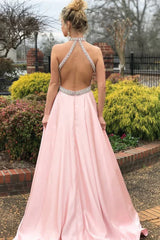 Pink Halter Sleeveless Beaded Mermaid Prom Dress
