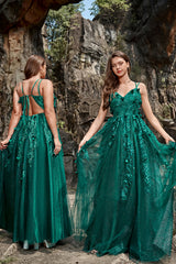 Dark Green A Line Spaghetti Straps Tulle Formal Dress with Slit Sexy Sparkly