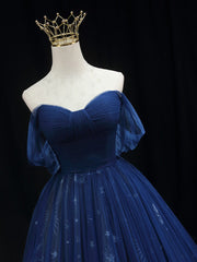 A-Line Off Shoulder Sweetheart Neck Dark Blue Long Prom Dress, Blue Formal Dress