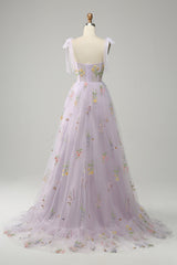 A Line Spaghetti Straps Corset Long Prom Dress With Embroidery Floor Length With Flowers