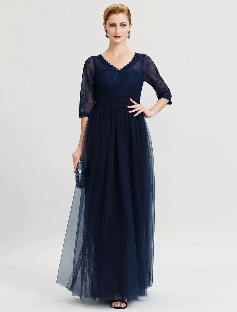 Ball Gown A-Line Mother of the Bride Dress Beautiful Back See Through V Neck Floor Length Tulle Sheer Lace 3/4 Length Sleeve with Sash / Ribbon Pleats