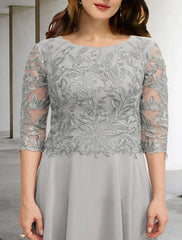 A-Line Mother of the Bride Dresses Plus Size Hide Belly Curve Elegant Dress Formal Tea Length 3/4 Length Sleeve Jewel Neck Chiffon with Sequin Applique