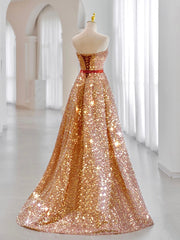 A-Line Sweetheart Neck Velvet Sequin Champagne Gold Long Prom Dress