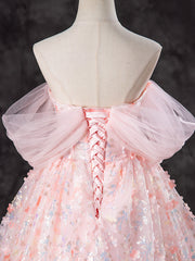 A-Line Off Shoulder Tulle Lace Pink Long Prom Dress, Pink Sweet 16 Dress