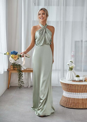 Sheath Halterneck Satin Pleated Floor Length formal dresses Bridesmaid Dresses evening gown Prom Dress