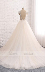 Custom made round neck lace tulle long prom gown, wedding dress