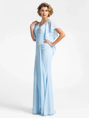 Mermaid / Trumpet Mother of the Bride Dress Vintage Inspired V Neck Floor Length Chiffon Short Sleeve with Beading Side Draping Crystal Brooch