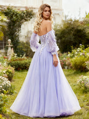 Corset Bodice A-Line Dress with Sheer Puff Sleeves Lavender
