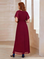 Chiffon High-Low Dress with V-Neck and Beaded Waist Burgundy