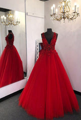 V-neck Tulle Long Prom Dress with Appliques and Beading,Prom Dresses,Pageant Dress