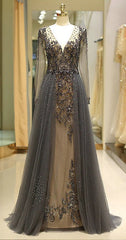 Unique Prom Dress Long Sleeves Tulle V-neck Neckline Floor-length A-line,Evening Dress, Formal Dress