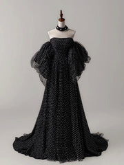 Black A- Line Tulle Long Prom Dress, Black Long Formal Dress