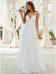 Reception Simple Wedding Dresses A-Line Sweetheart V Wire Regular Straps Sweep / Brush Train Tulle Bridal Gowns With Crystals