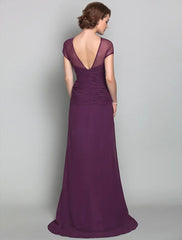 Sheath / Column Mother of the Bride Dress See Through Jewel Neck Sweep / Brush Train Chiffon Tulle Short Sleeve with Beading Side Draping