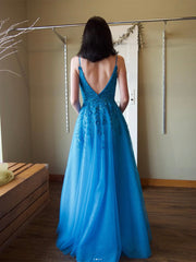 A-Line V Neck Lace Blue Long Prom Dress, Blue Long Evening Dress