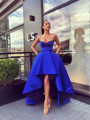 Blue satin high low prom dress blue evening dress